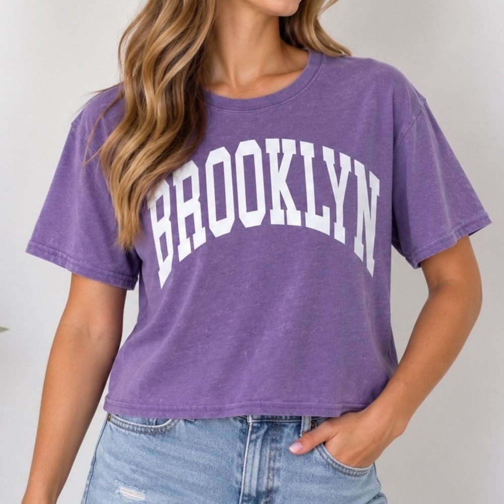 Purple Brooklyn Graphic Boxy Tee M Boxy Collegiate Varsity Streetwear NYC Y2K